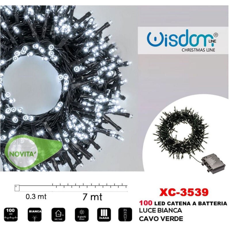 foto del prodotto trade shop traesio - wisdom - catena luminosa 100led lucciole con batteria cavo verde luce bianca ip44 xc-3539 -