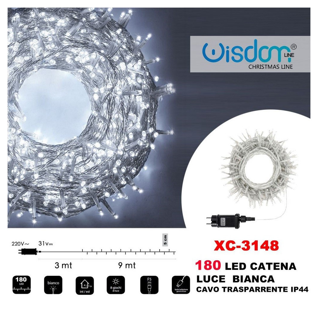 foto del prodotto trade shop traesio wisdom catena luminosa 180 luci led lucciole luce bianca cavo trasparente ip44 xc 3148 