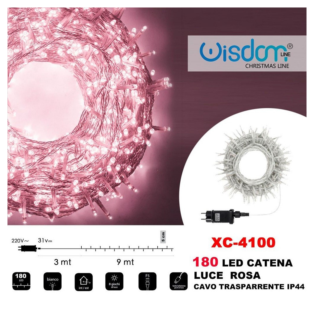 foto del prodotto trade shop traesio wisdom catena luminosa 180 luci led lucciole luce rosa cavo trasparente ip44 xc 4100 