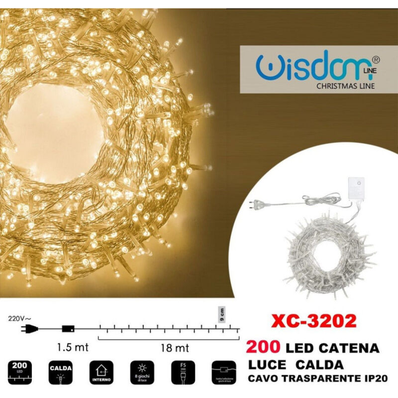 foto del prodotto trade shop traesio wisdom catena luminosa 200 luci led lucciole luce calda cavo trasparente ip20 xc 3202 