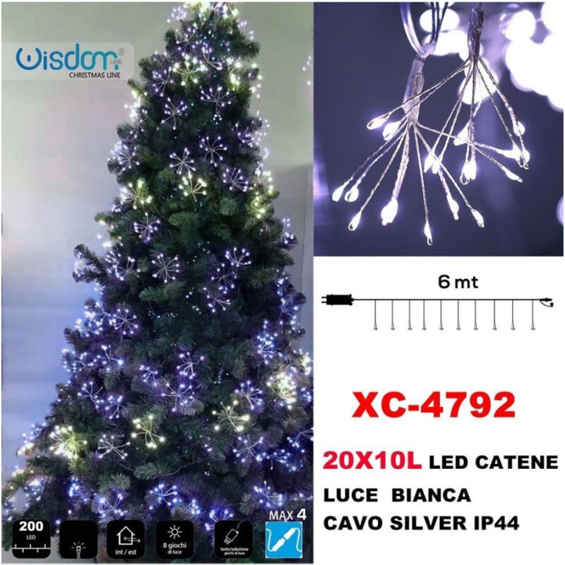 foto del prodotto trade shop traesio wisdom catena luminosa 200led 20x10luci con ciuffi luce bianca cavo silver ip44 xc 4792 