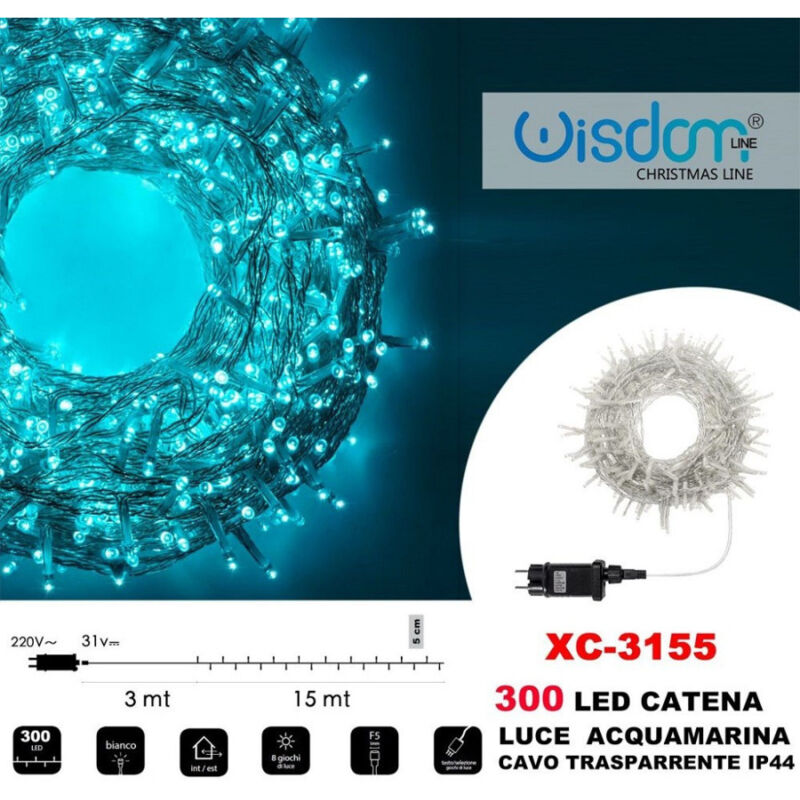 foto del prodotto trade shop traesio wisdom catena luminosa 300 luci led lucciole luce acquamarina cavo trasparente xc 3155 