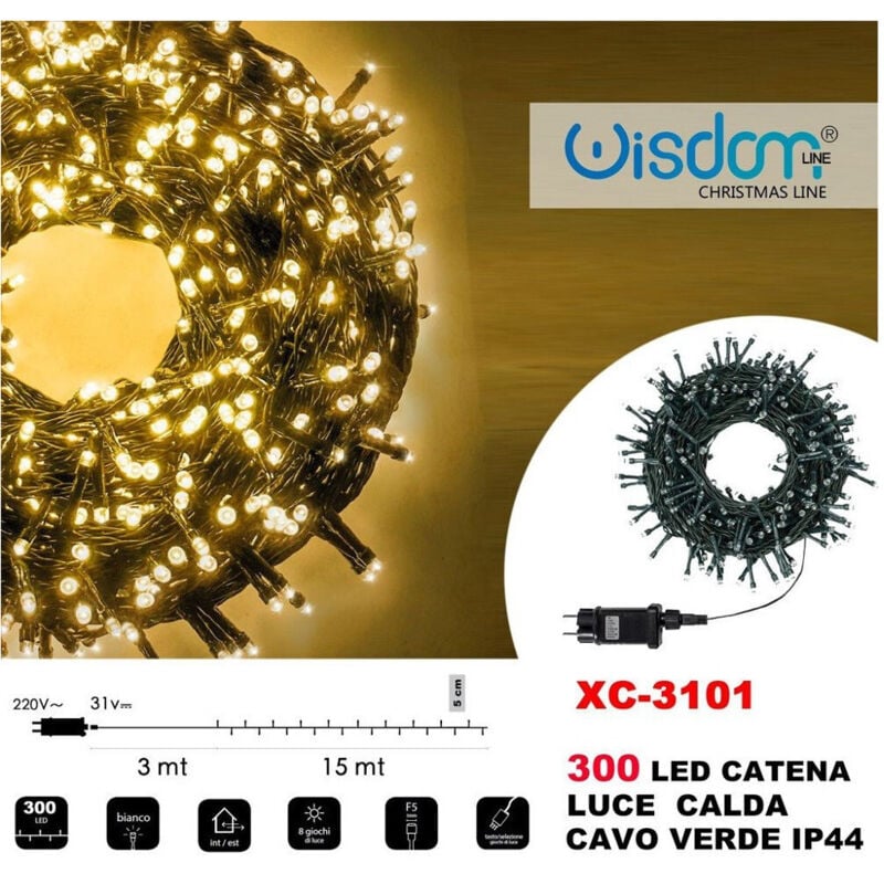 foto del prodotto trade shop traesio wisdom catena luminosa 300 luci led lucciole luce calda cavo verde ip44 xc 3101 
