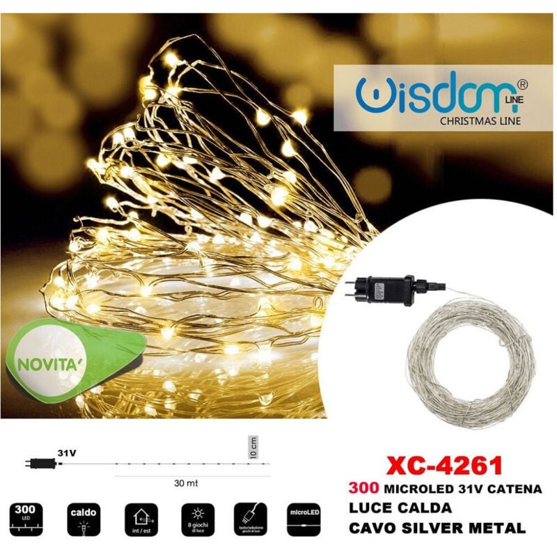 foto del prodotto trade shop traesio - wisdom - catena luminosa 300 microled lucciole luce calda cavo silver in metallo xc-4261 -