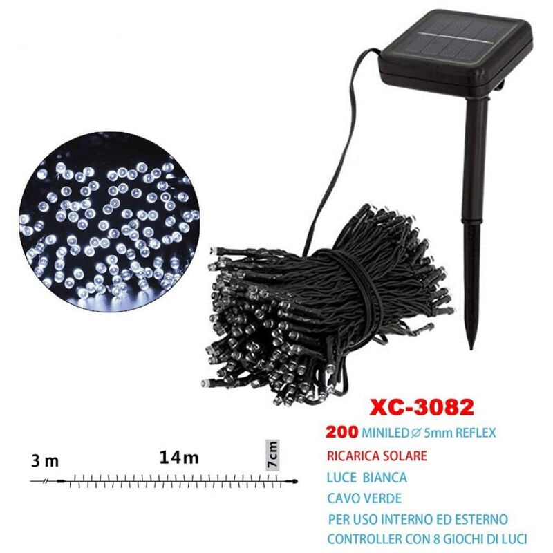 foto del prodotto trade shop traesio wisdom catena luminosa natale 200led con ricarica ad energia solare luce bianca xc 3082 