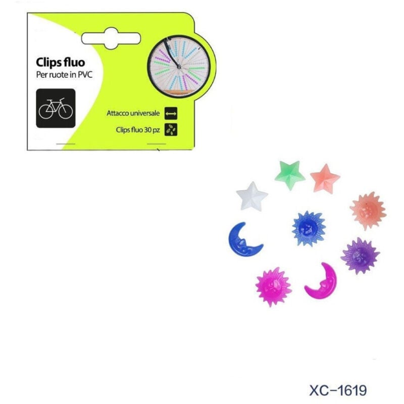 foto del prodotto trade shop traesio wisdom set 30pz clips fluo colorate stelle luna sole in pvc per raggi ruote bici xc 1619 