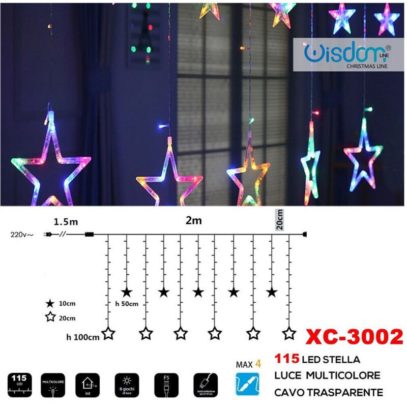 foto del prodotto trade shop traesio - wisdom - tenda luminosa natalizia 115led stelle luce multicolore cavo trasparente xc-3002 -