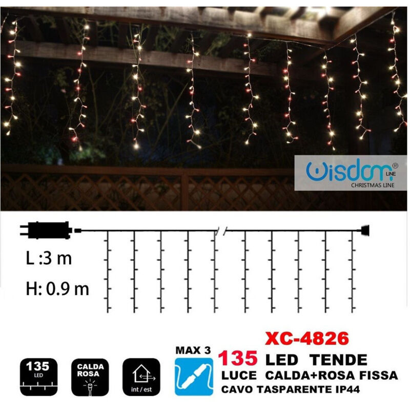 foto del prodotto trade shop traesio - wisdom - tenda luminosa natalizia 135led luce calda + rosa fissa cavo trasparente xc-4826 -