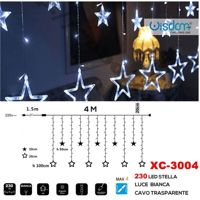 foto del prodotto trade shop traesio - wisdom - tenda luminosa natalizia 230 led con stelle luce bianca cavo trasparente xc-3004 -