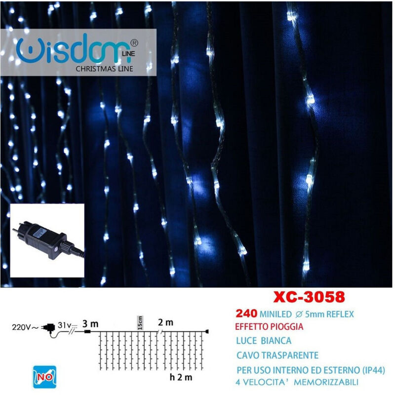 foto del prodotto trade shop traesio wisdom tenda luminosa natalizia 240 mini led effetto pioggia luce bianca ip44 xc 3058 