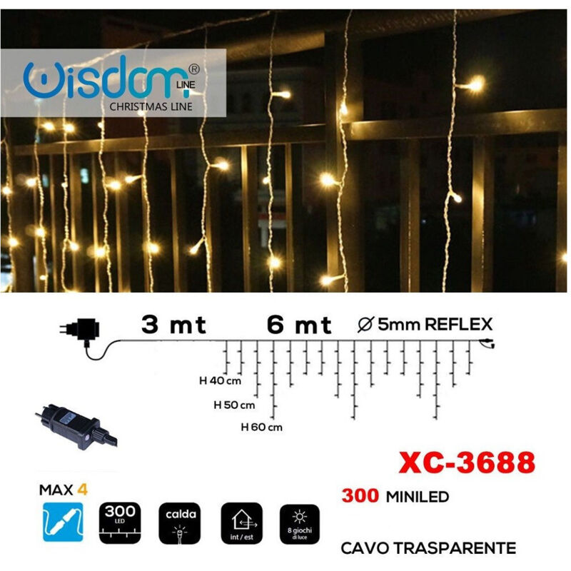 foto del prodotto trade shop traesio wisdom tenda luminosa natalizia 300 mini led luce calda cavo trasparente xc 3688 