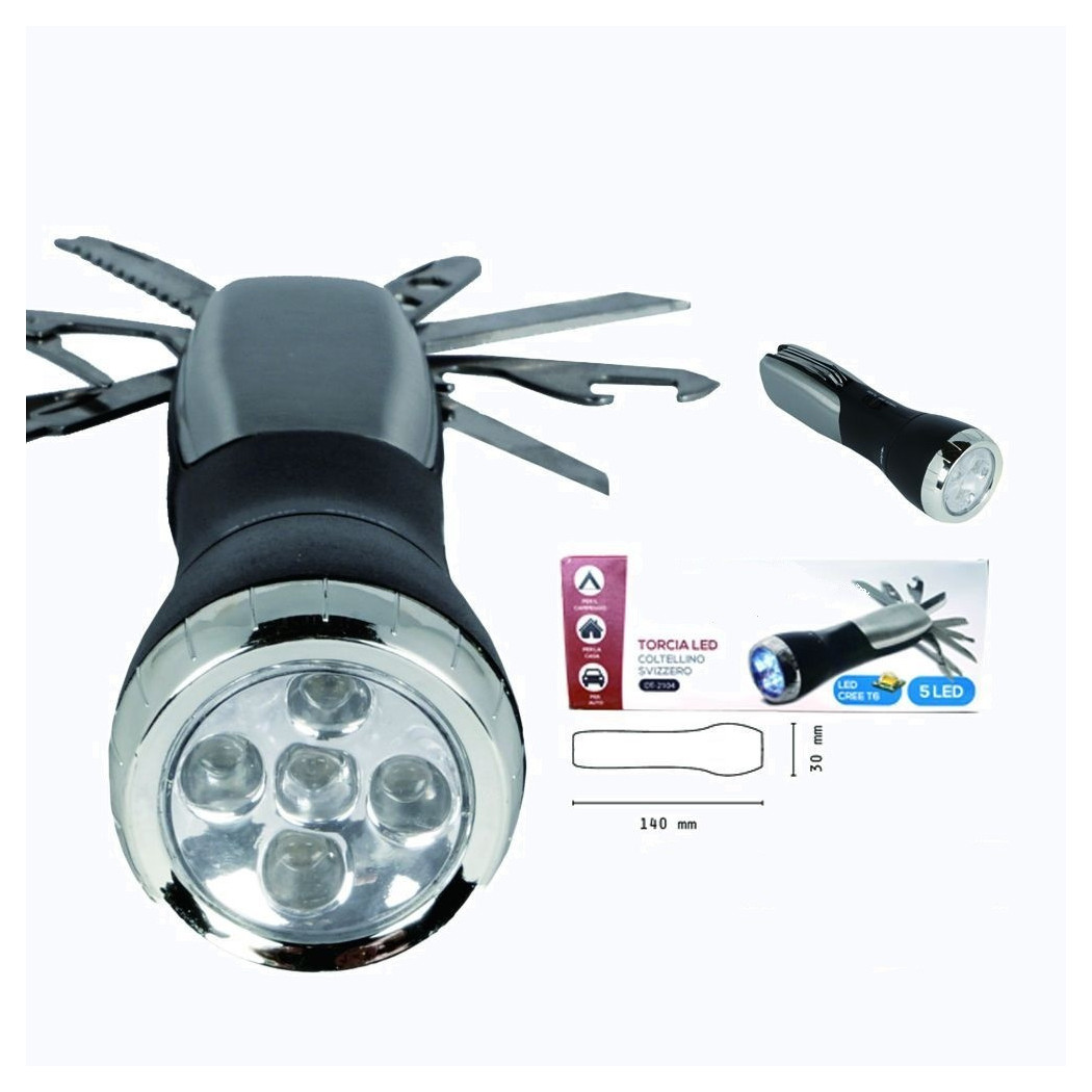 foto del prodotto trade shop traesio wisdom torcia led cree t6 5 led ricaricabile con coltellino svizzero campeggio dt 2104 