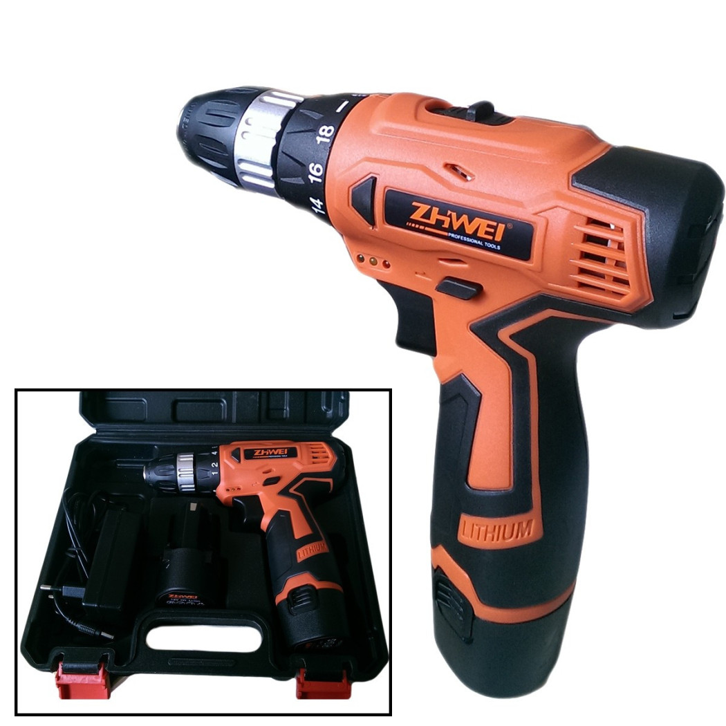 foto del prodotto trade shop trapano avvitatore a batteria ricaricabile 2 batterie 12 volt mandrino 10mm 