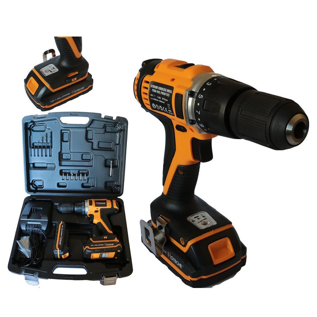 foto del prodotto trade shop trapano avvitatore percussione 2 batterie litio 18v 1.5a valigia accessori 