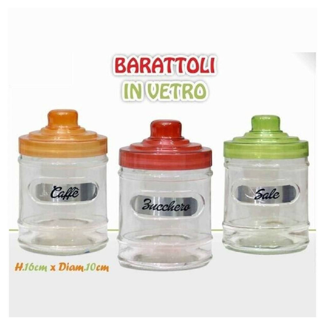foto del prodotto trade shop tris barattoli 3 contenitori caff zucchero sale vetro tappo colorato 