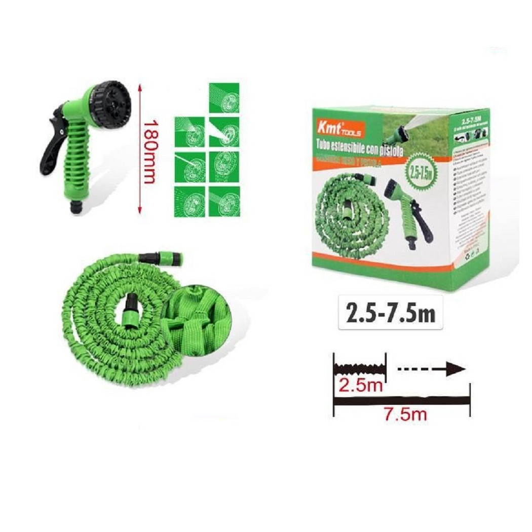 foto del prodotto trade shop tubo estensibile giardino 2,5 7,5 mt pistola 7 funzioni per irrigazione 9369405 