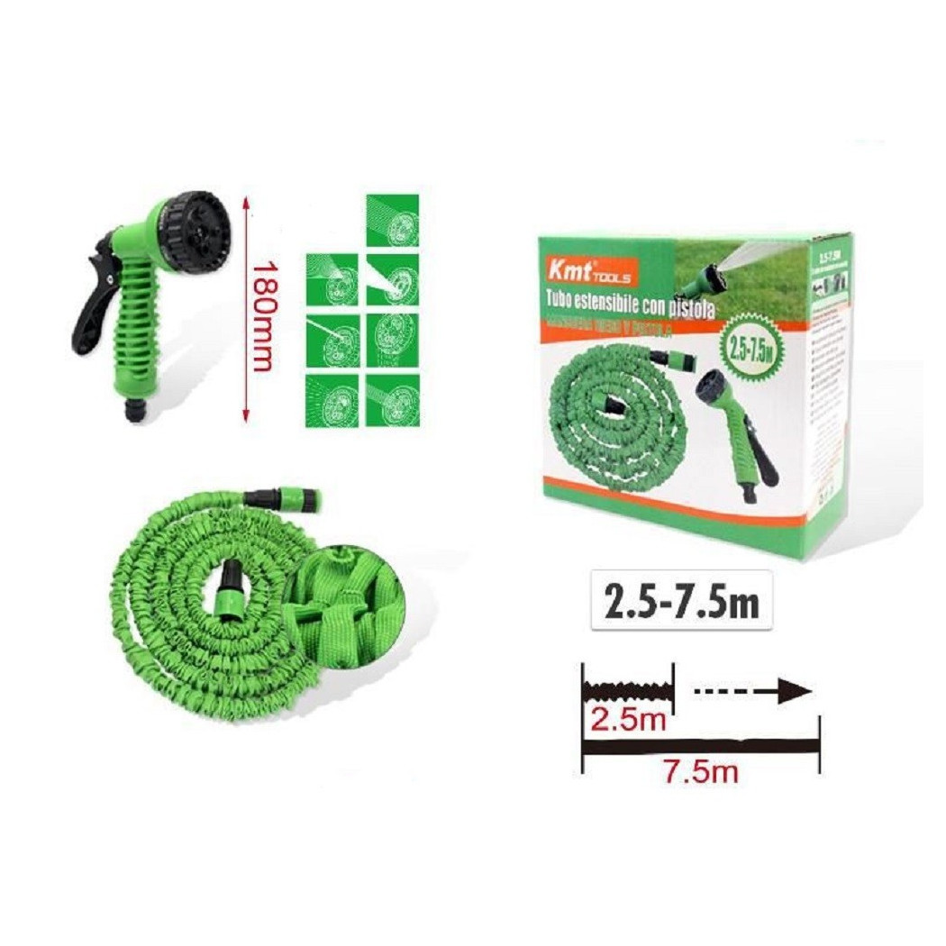 foto del prodotto trade shop tubo estensibile giardino con pistola 2.5 7.5 mt per irrigazione piante 9369408 