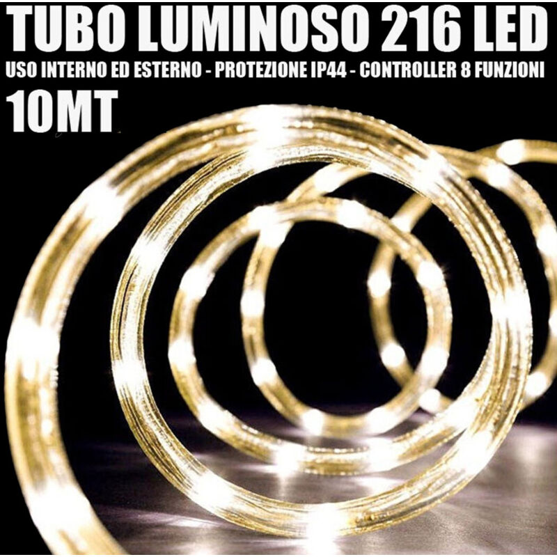 foto del prodotto trade shop tubo luminoso 216 led bianco caldo 10 mt 3vie uso interno esterno controller 