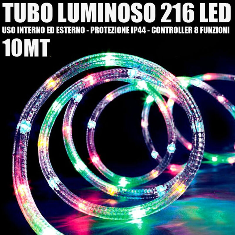 foto del prodotto trade shop tubo luminoso 216 led multicolor 10 mt 3vie uso interno esterno controller 