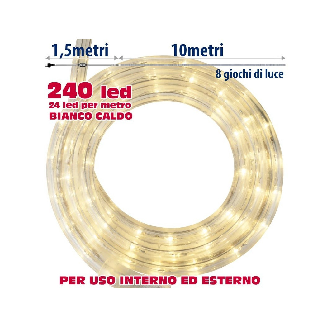 foto del prodotto trade shop tubo luminoso natalizio 10 metri led bianco caldo con controller 8 funzioni 