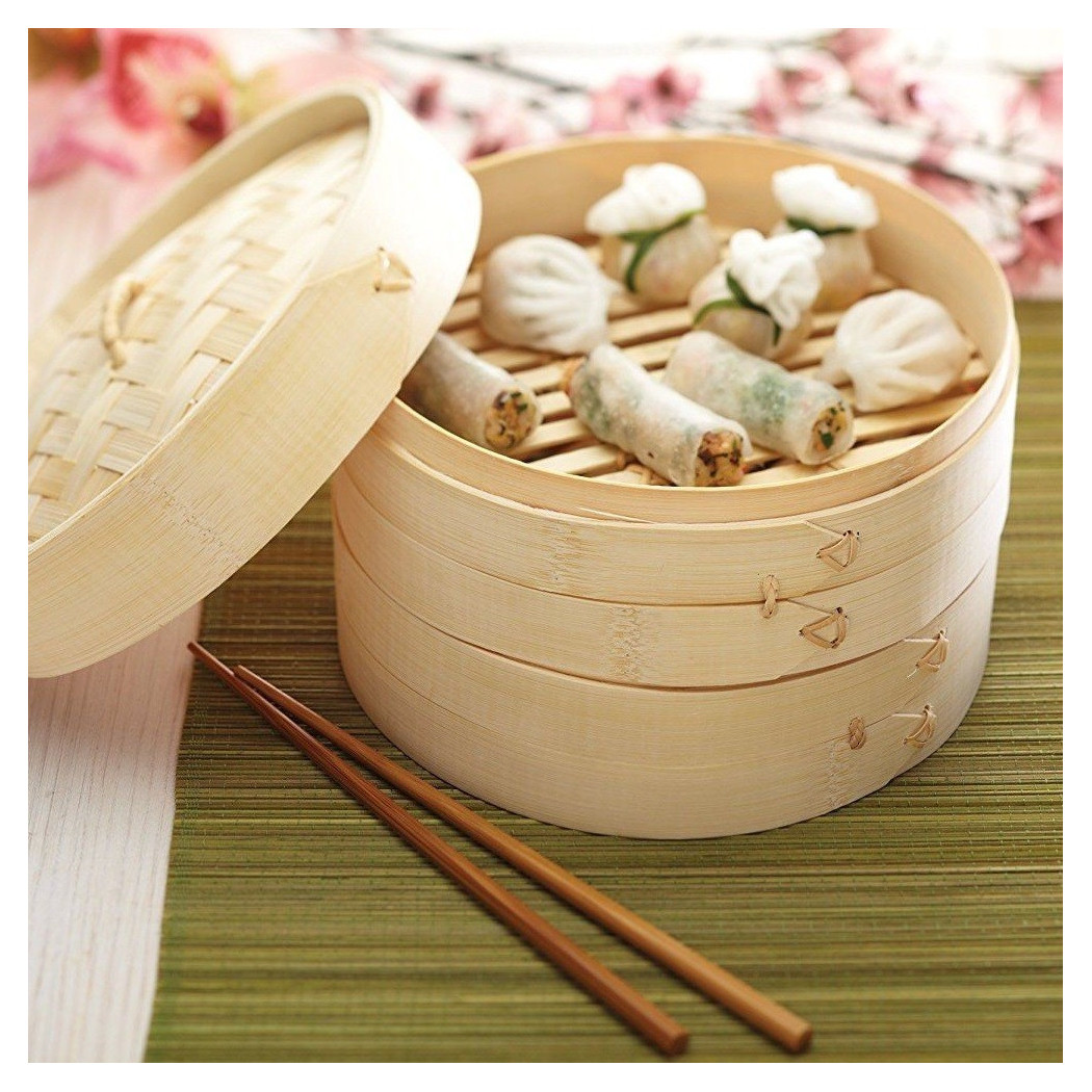foto del prodotto trade shop vaporiera in legno di bamboo cuocivapore 20cm cottura vapore cucina asiatica 