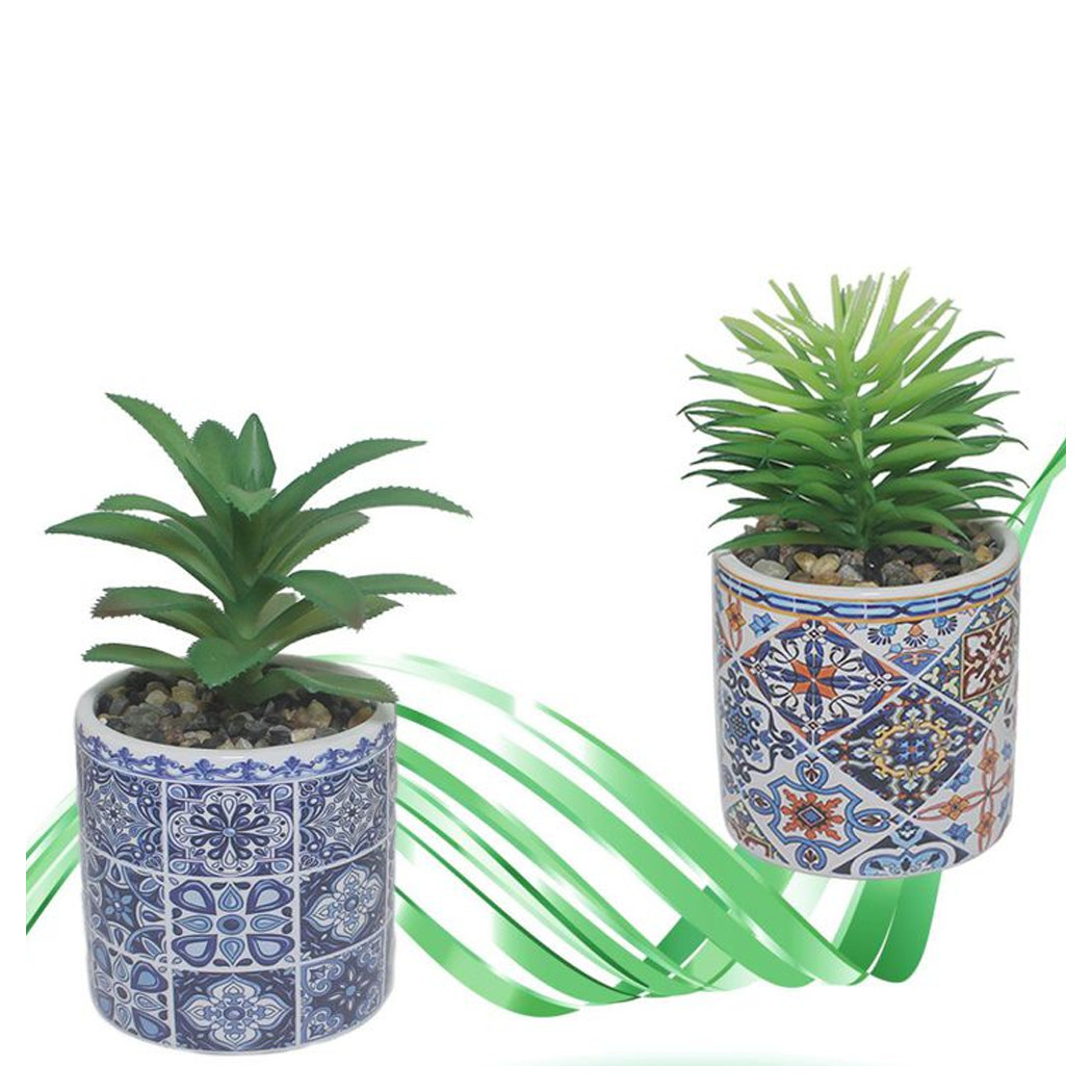foto del prodotto trade shop vaso in ceramica con piantina artificiale 15cm pianta idea regalo bomboniera blu 