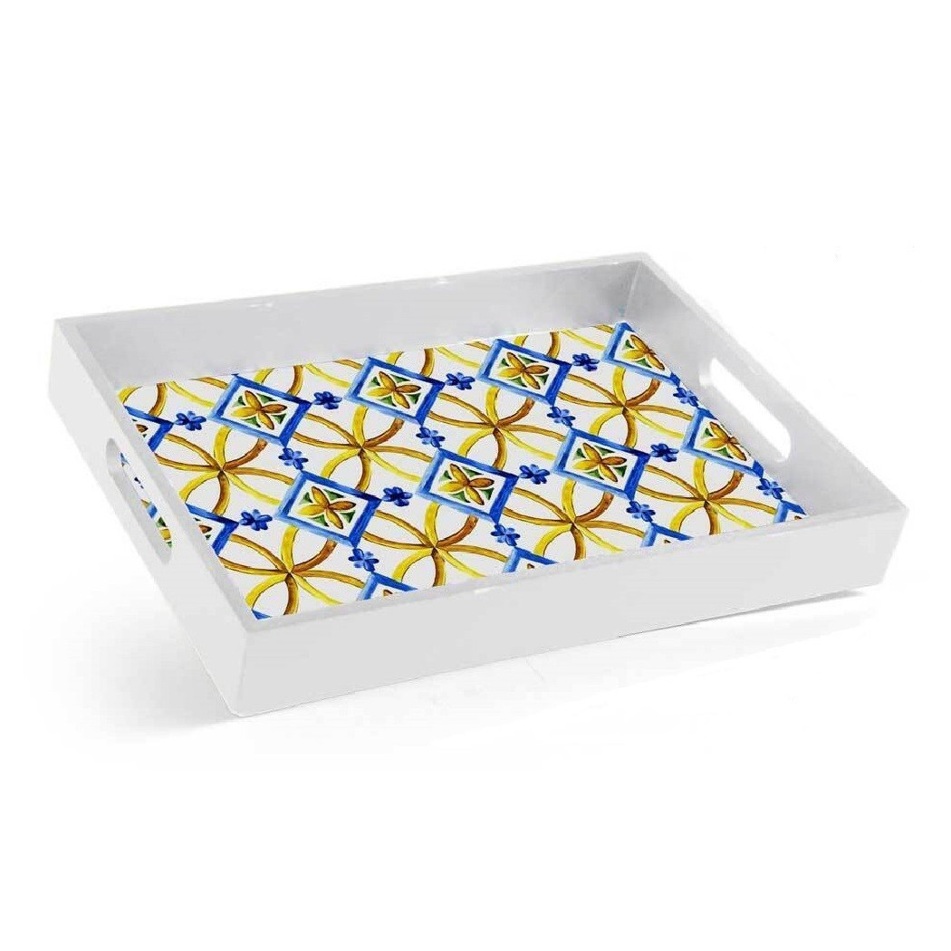 foto del prodotto trade shop - vassoio portata rettangolare legno 20x26x4cm con manici 2 decori mosaico 822124 -