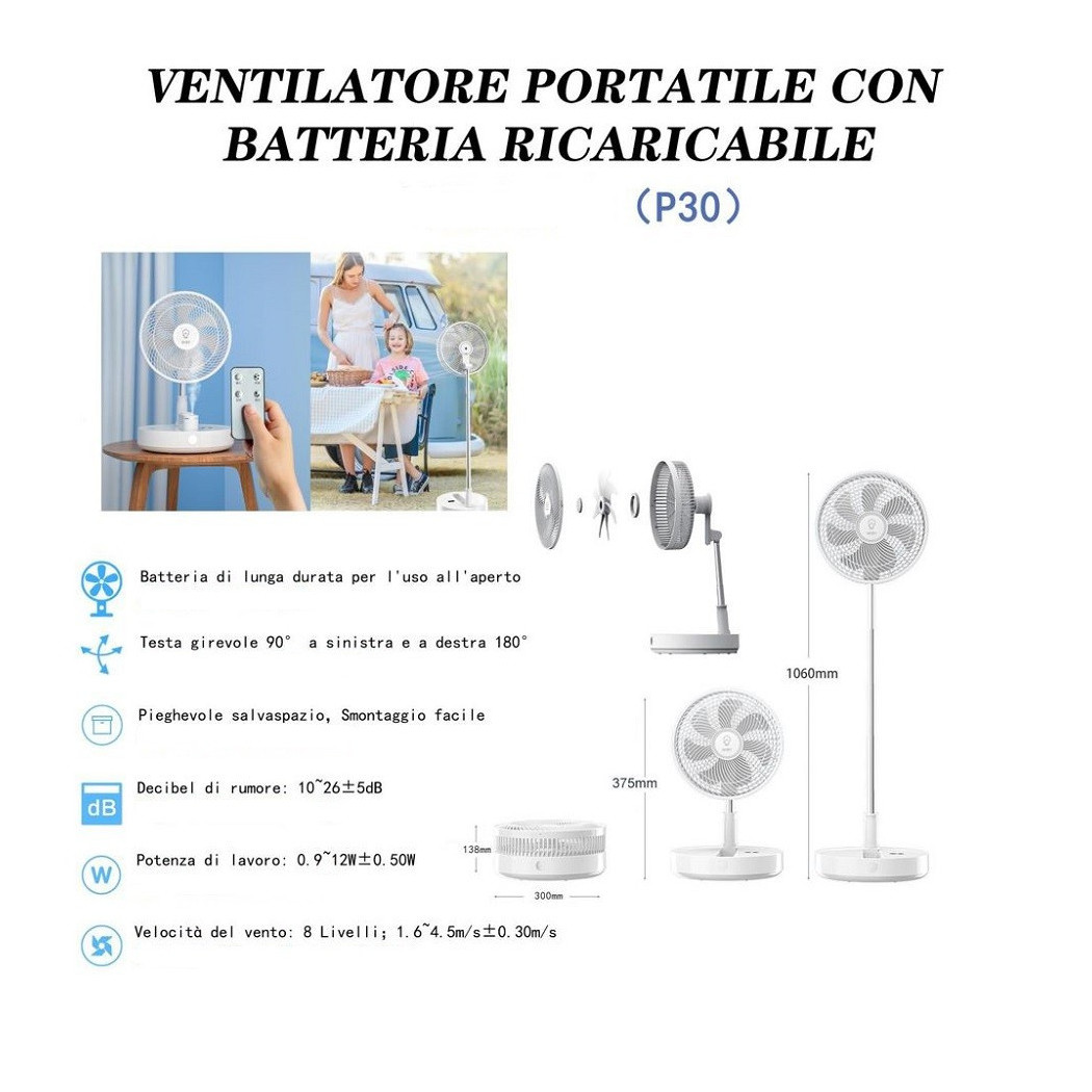 foto del prodotto trade shop ventilatore portatile con batteria ricaricabile p30 design pieghevole salvaspazio 