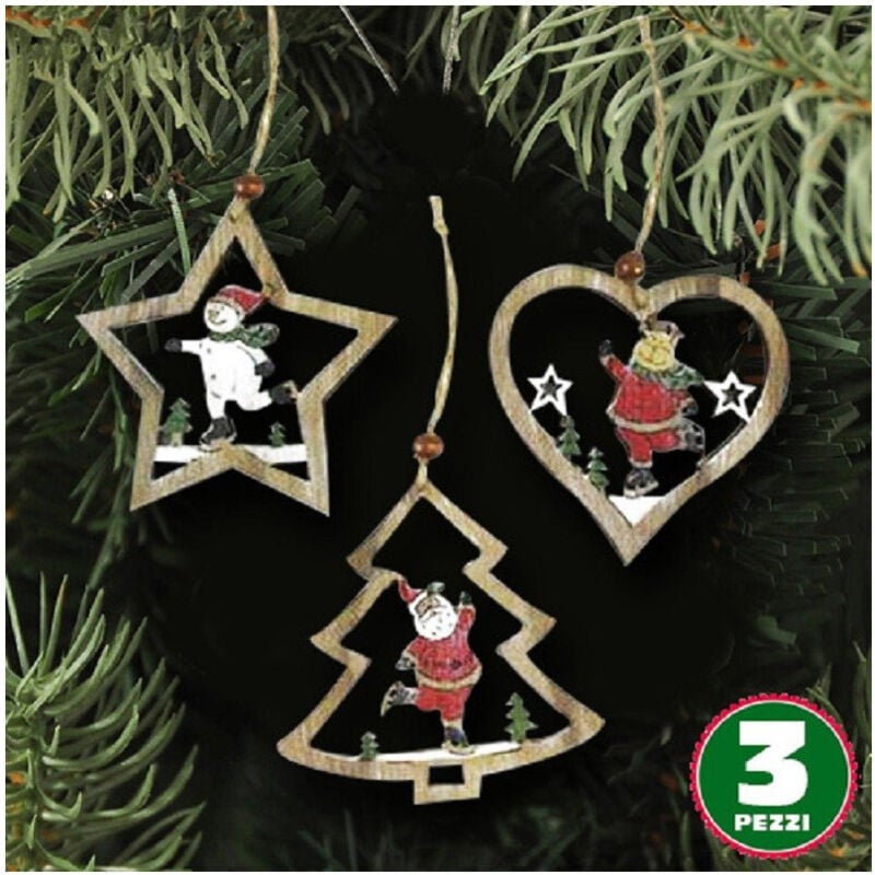 foto del prodotto traesio 3pz appendini natale in legno forma stella albero cuore con personaggio 10,5cm trade shop