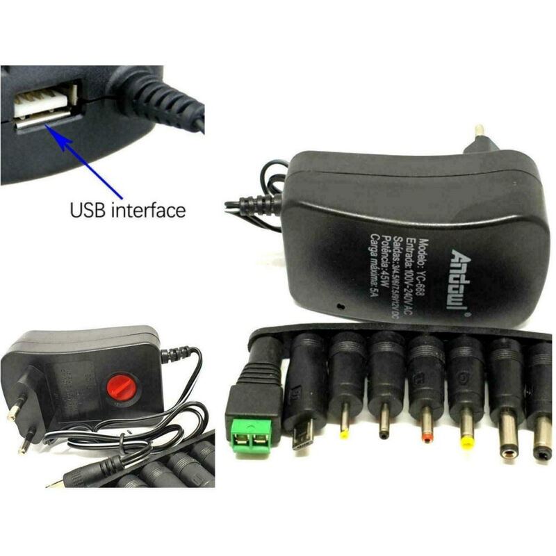 foto del prodotto traesio alimentatore universale 3v 4.5v 5v 6v 7.5v 9v 12v 1000ma 12w usb 8 adattatori trade shop