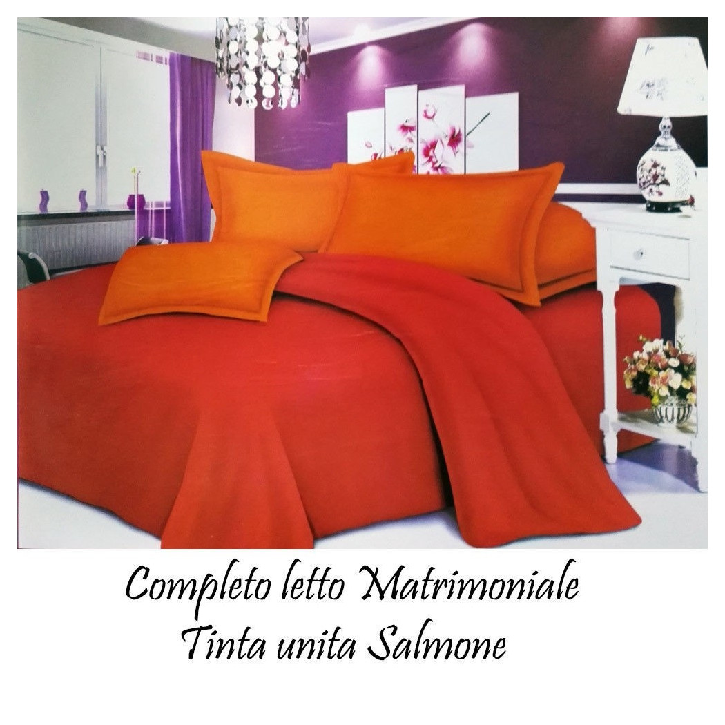 foto del prodotto traesio completo letto lenzuola matrimoniale con copricuscini tinta unita colore salmone trade shop