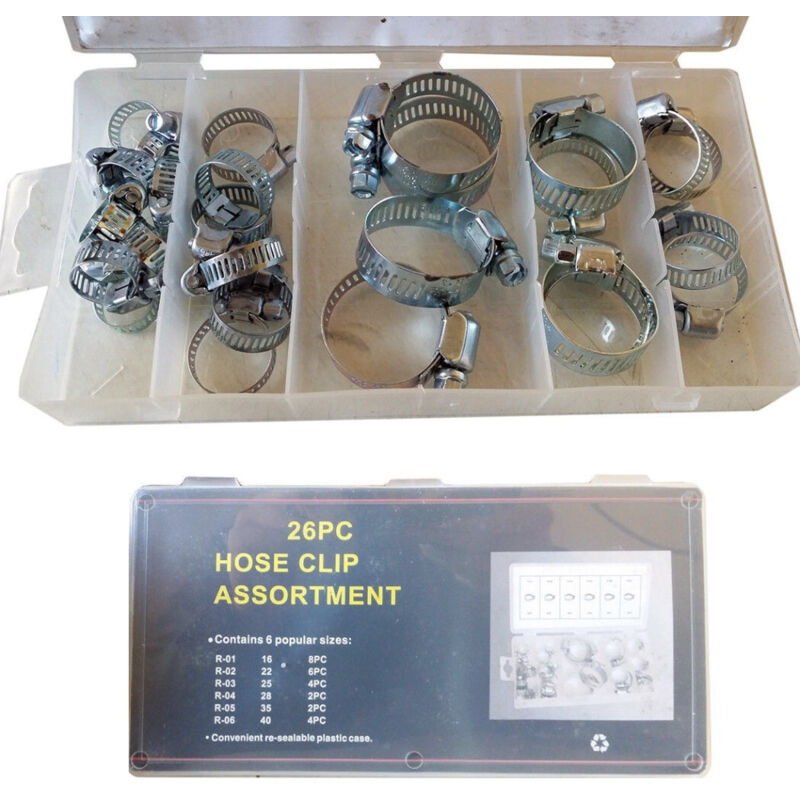 foto del prodotto traesio - set 26 pezzi fascette stringitubo in acciaio assortimento tubi tubo morsetti - - trade shop