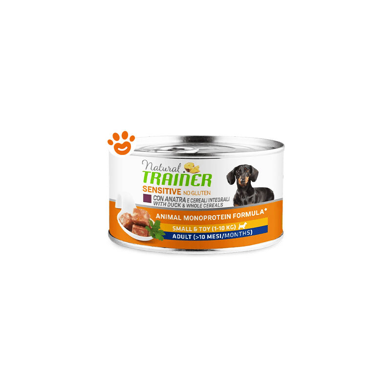 foto del prodotto trainer - dog sensitive no gluten adult small &amp; toy anatra e cereali integrali dog sensitive no gluten adult small &amp; toy anatra e cereali integrali - lattina da 150 gr