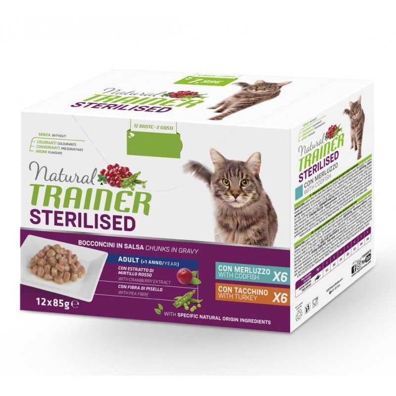 foto del prodotto trainer gatto adult sterilised multipack buste 12 x 85gr merluzzo tacchino