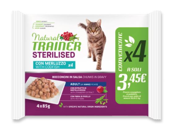 foto del prodotto trainer gatto natural adulto sterilizzato merluzzo flowpack cf. 4x85 gr