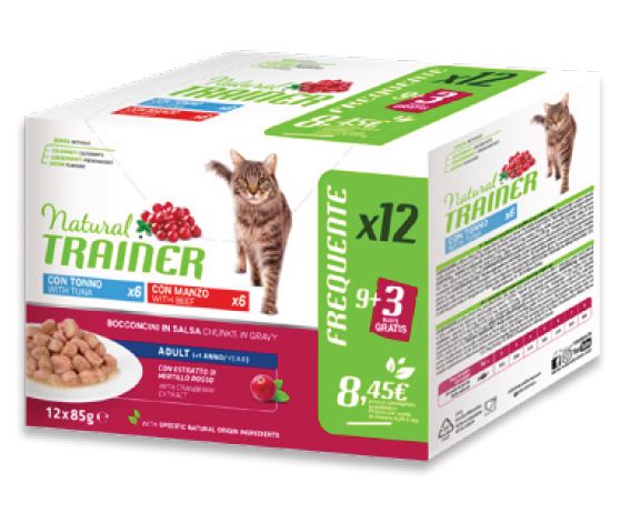 foto del prodotto trainer gatto natural adulto sterilizzato multipack tonno manzo cf. 12x85 gr