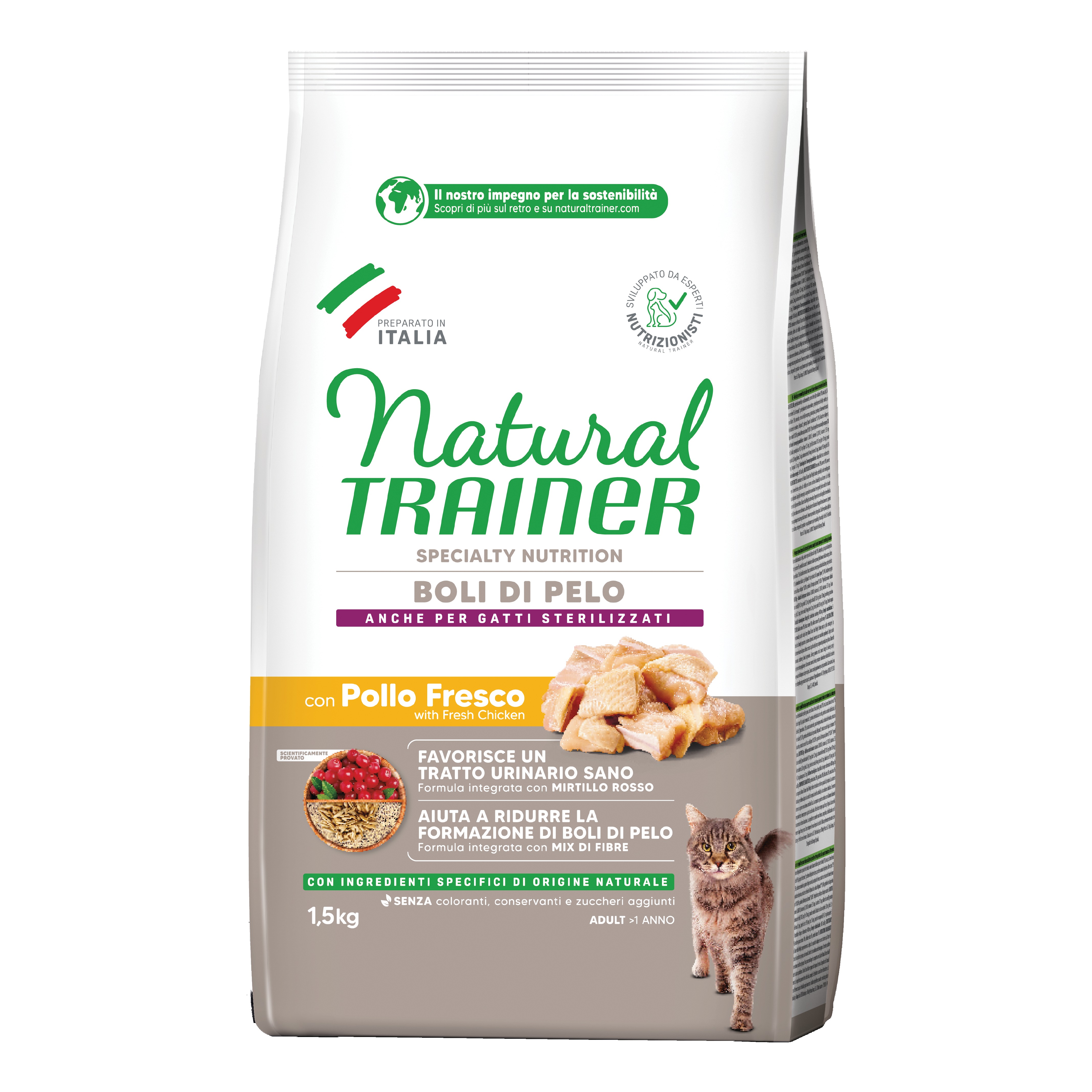 foto del prodotto trainer gatto natural hairball pollo 1,5 kg