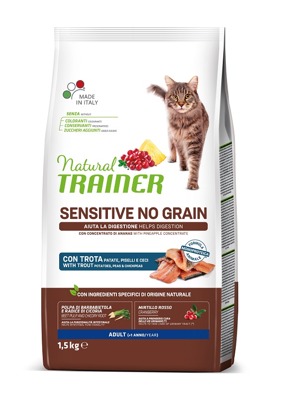 foto del prodotto trainer gatto natural sensitive no grain adulto trota, patate, piselli amp ceci 1,5 kg