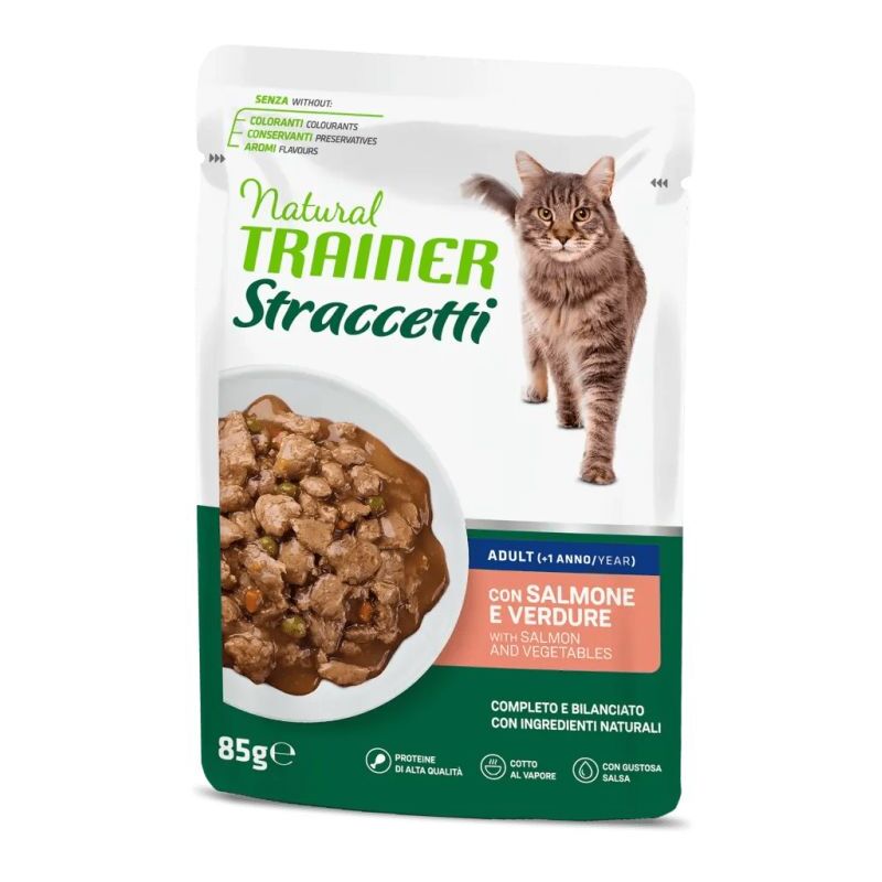 foto del prodotto trainer gatto straccetti busta 85gr salmone e verdure