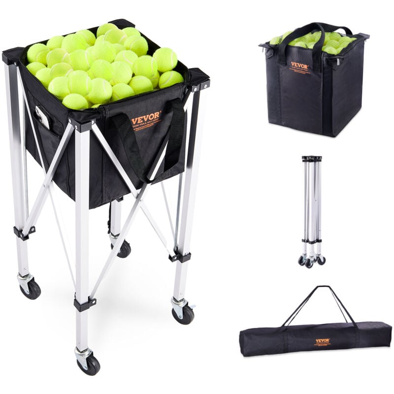 foto del prodotto tramoggia per palline da tennis pieghevole, contiene 180 palline da tennis, carrello didattico sportivo portatile in lega di alluminio con ruote,
