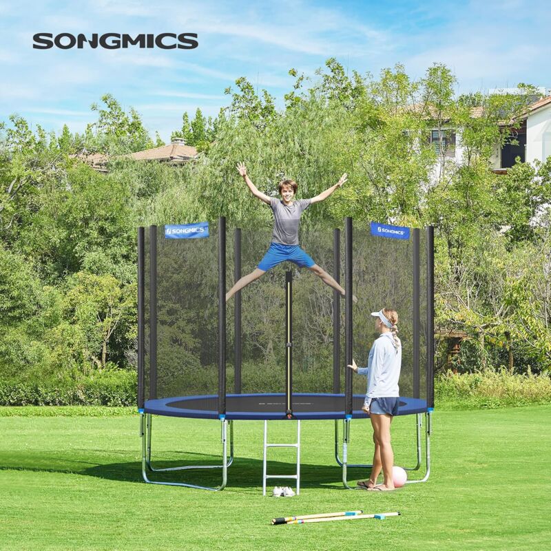 foto del prodotto trampolino, certificato t v rheinland gs, tappeto elastico da 305cm per giardino con scaletta, rete di sicurezza, pali diritti ricoperti, nero e blu