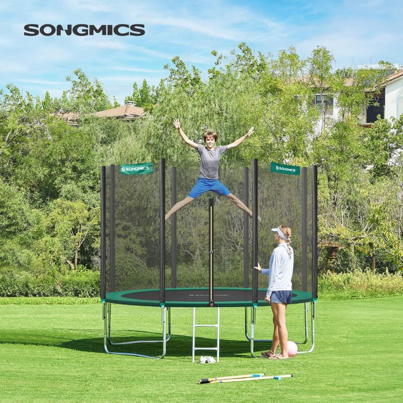 foto del prodotto trampolino, certificato t v rheinland gs, tappeto elastico da 366 cm 12 piedi per giardino con scaletta, rete di sicurezza, pali diritti ricoperti,