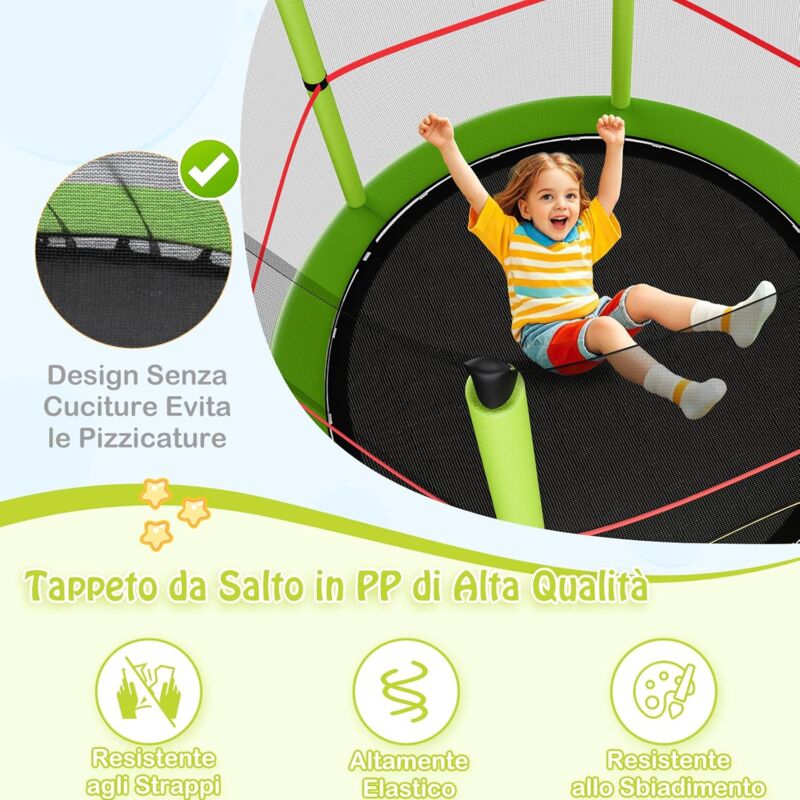 foto del prodotto trampolino da esterno, gioco tappeto elastico da giardino, con rete protettiva, telaio in acciaio, fitnesse per ragazzi, 165 x 165 x 191 cm goplus