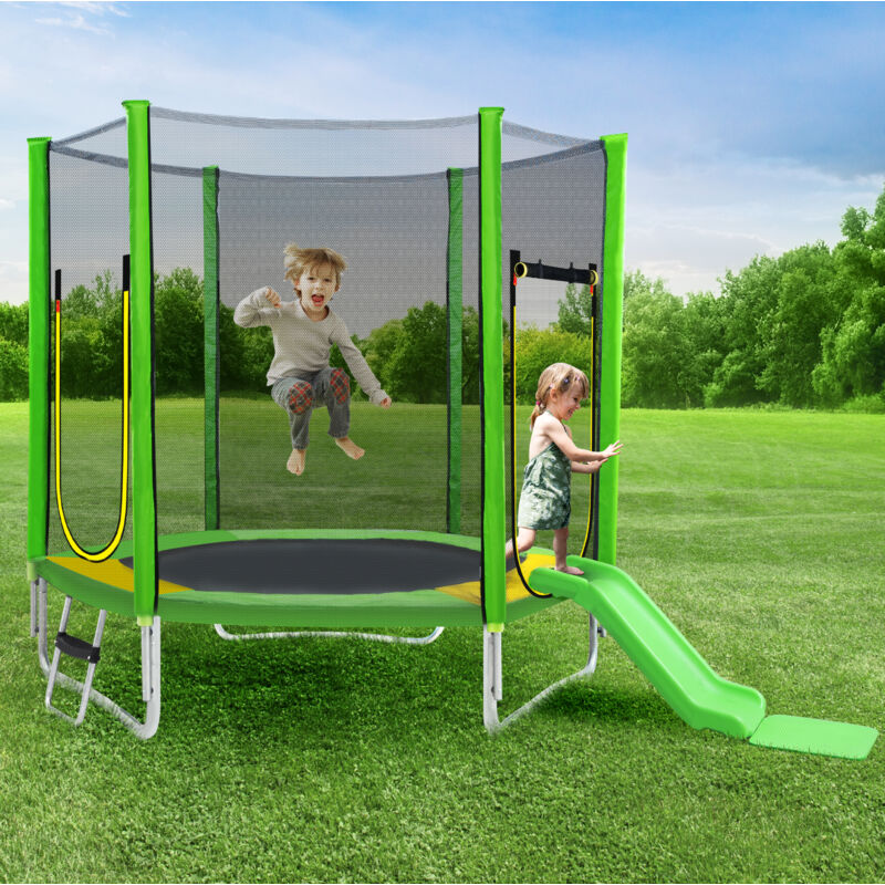 foto del prodotto trampolino da giardino da esterno certificato t v rheinland incluso scivolo, rete di sicurezza e accessori adatto a bambini dai 3 anni verde
