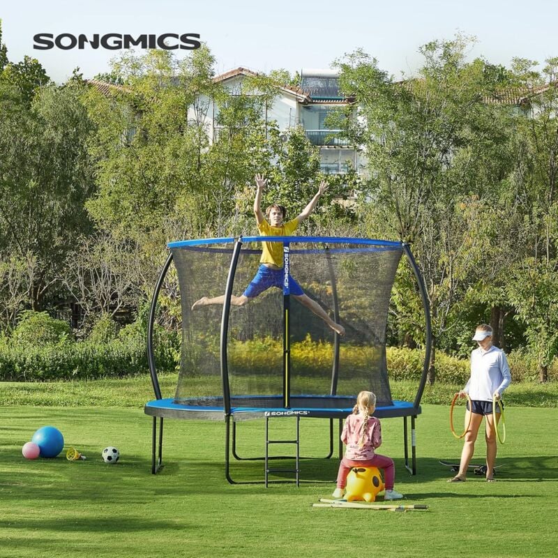 foto del prodotto trampolino da giardino rotondo 244 305 366 427 cm, con rete di sicurezza, con scala e aste imbottite, copertura di sicurezza, per esterni songmics