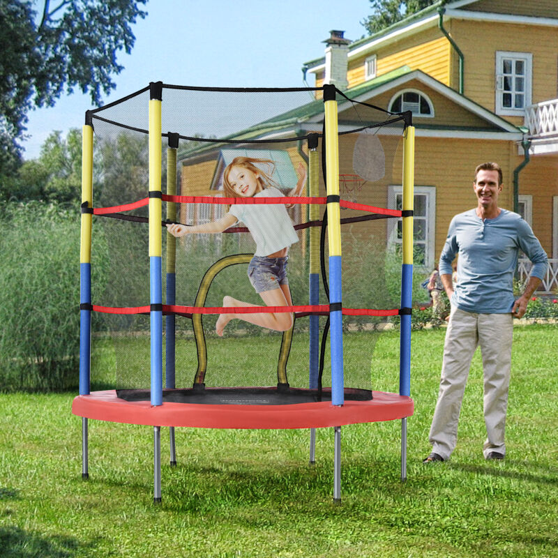 foto del prodotto trampolino elastico per bambini con canestro da basket, mini trampolino per interni ed esterni, trampolino elastico per bambini per compleanni,