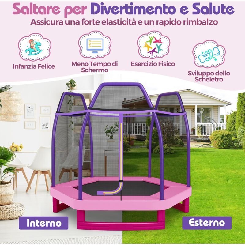 foto del prodotto trampolino per bambini con rete di sicurezza, trampolino ricreativo con materassino elastico, robusto telaio in acciaio zincato, 223 x 223 x 186cm