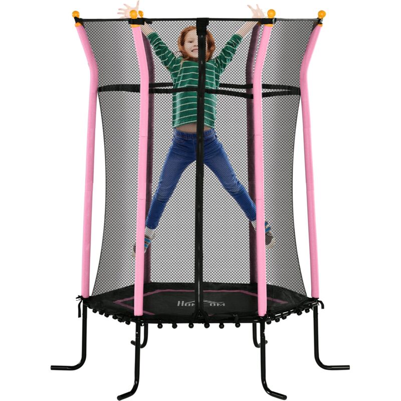 foto del prodotto trampolino tappeto elastico per bambini con ingresso a cerniera e pali imbottiti 163.5x190 cm in acciaio, pp e epe rosa