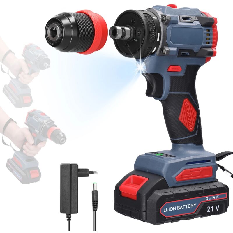 foto del prodotto trapano a batteria al litio 21v 2 in 1, cacciavite elettrico, utensile elettrico multifunzione, coppia 45nm, motore brushless, cacciavite, facile