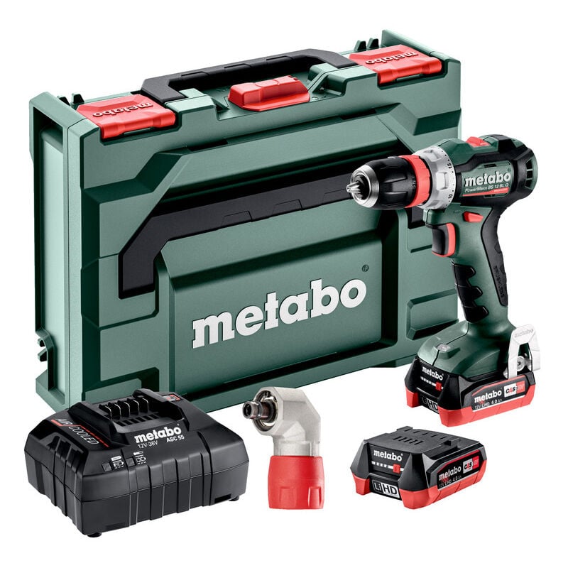 foto del prodotto trapano a batteria metabo powermaxx bs 12 bl q pro 2x 4,0 ah caricatore adattatore angolare a cambio rapido quick in metabox 118